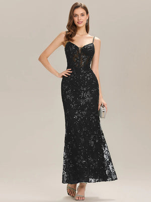Trumpet/Mermaid V-Neck  Lace Prom Dresses With Sequins
