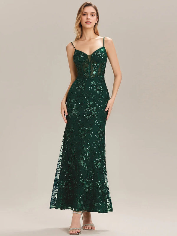 Trumpet/Mermaid V-Neck  Lace Prom Dresses With Sequins