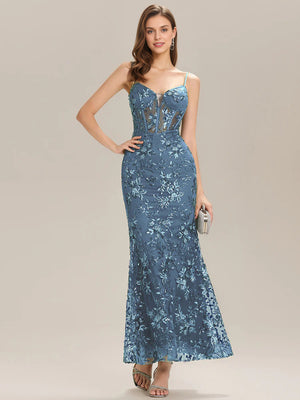 Trumpet/Mermaid V-Neck  Lace Prom Dresses With Sequins