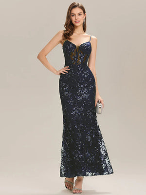 Trumpet/Mermaid V-Neck  Lace Prom Dresses With Sequins