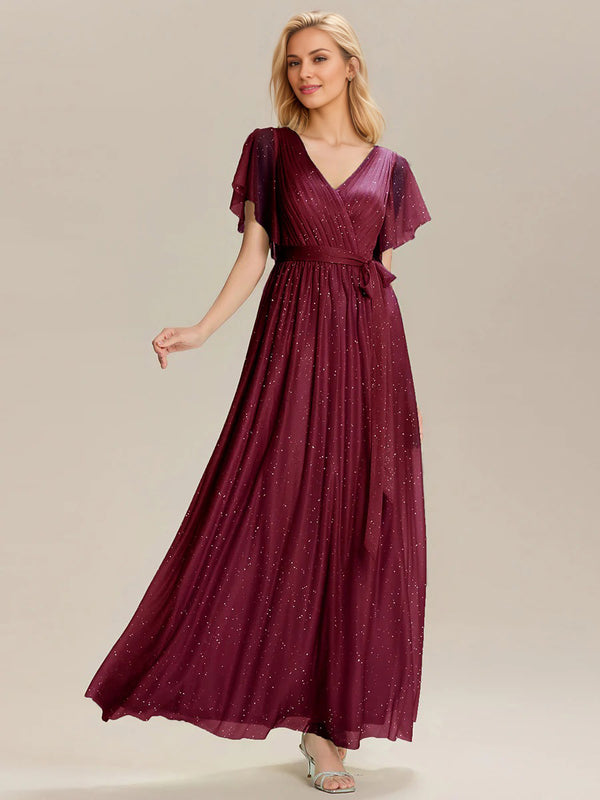 A-line V-Neck Floor-Length Chiffon Bridesmaid Dress With Ruffle