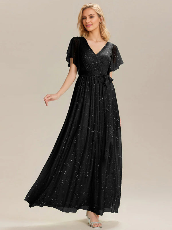 A-line V-Neck Floor-Length Chiffon Bridesmaid Dress With Ruffle