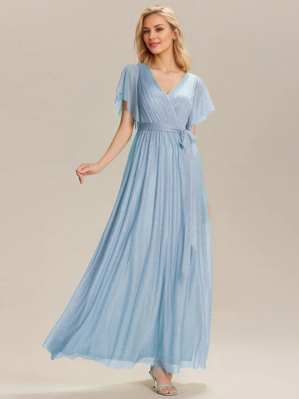 A-line V-Neck Floor-Length Chiffon Bridesmaid Dress With Ruffle
