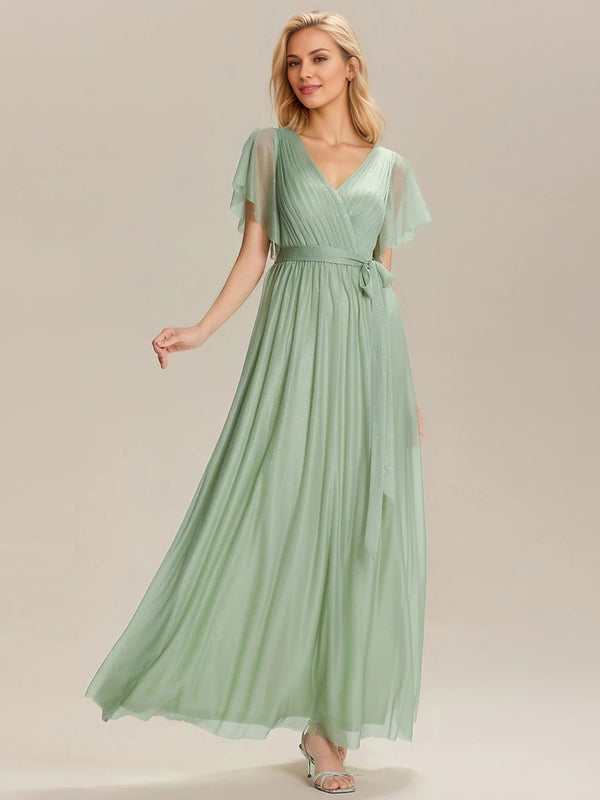 A-line V-Neck Floor-Length Chiffon Bridesmaid Dress With Ruffle