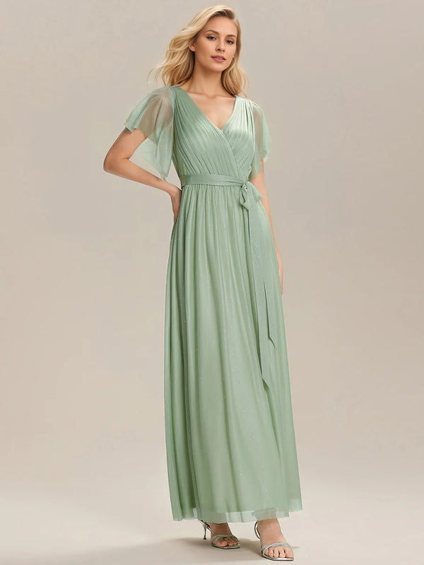 A-line V-Neck Floor-Length Chiffon Bridesmaid Dress With Ruffle