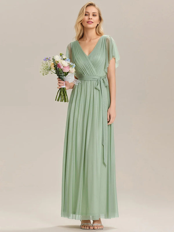 A-line V-Neck Floor-Length Chiffon Bridesmaid Dress With Ruffle