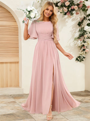 A-line Scoop Floor-Length Chiffon Bridesmaid Dress With Ruffle