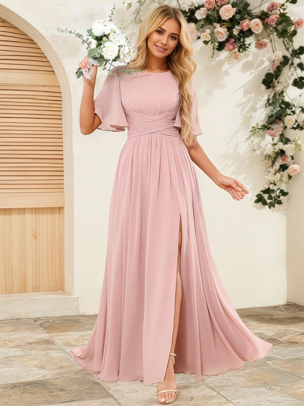 A-line Scoop Floor-Length Chiffon Bridesmaid Dress With Ruffle