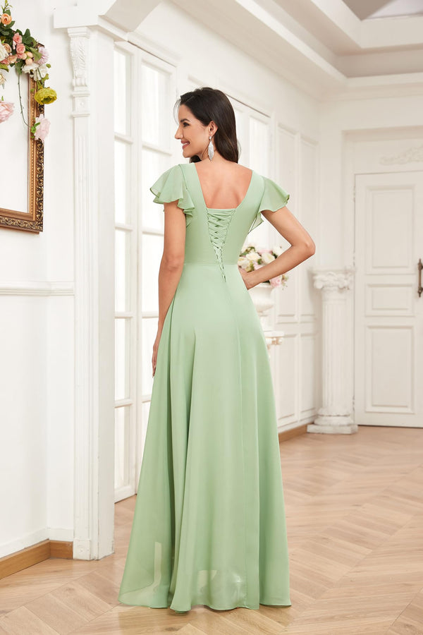 A-line V-Neck Floor-Length Chiffon Bridesmaid Dress With Ruffle