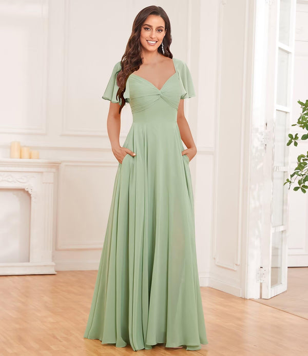 A-line V-Neck Floor-Length Chiffon Bridesmaid Dress With Ruffle