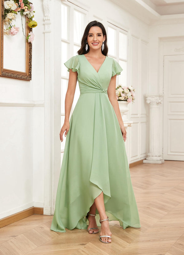 A-line V-Neck Floor-Length Chiffon Bridesmaid Dress With Ruffle