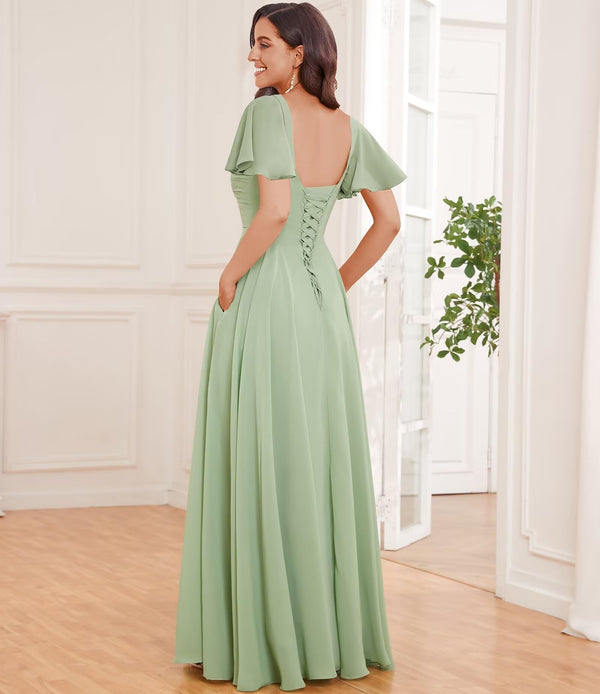 A-line V-Neck Floor-Length Chiffon Bridesmaid Dress With Ruffle