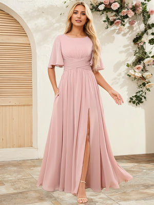 A-line Scoop Floor-Length Chiffon Bridesmaid Dress With Ruffle