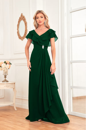 A-line V-Neck Floor-Length Chiffon Dress With Ruffle