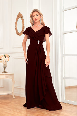 A-line V-Neck Floor-Length Chiffon Dress With Ruffle