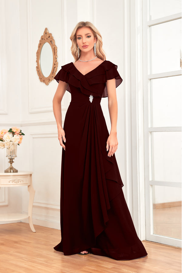 A-line V-Neck Floor-Length Chiffon Dress With Ruffle