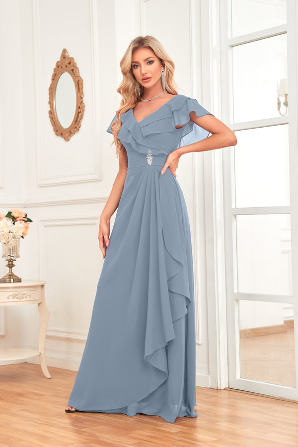 A-line V-Neck Floor-Length Chiffon Dress With Ruffle