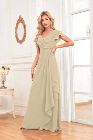A-line V-Neck Floor-Length Chiffon Dress With Ruffle