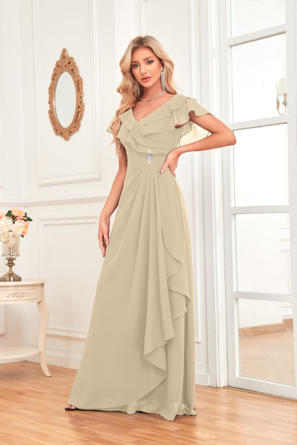 A-line V-Neck Floor-Length Chiffon Dress With Ruffle
