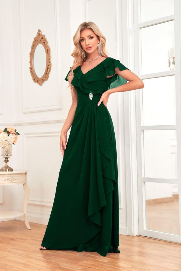 A-line V-Neck Floor-Length Chiffon Dress With Ruffle
