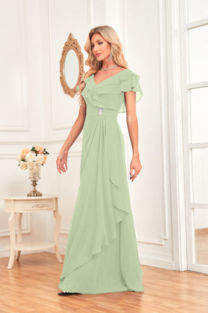 A-line V-Neck Floor-Length Chiffon Dress With Ruffle