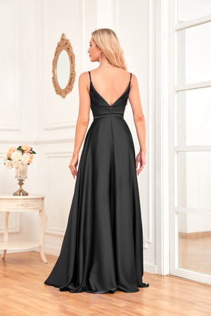 V Neck Spaghetti Straps Satin Prom Dress With Pleated Split
