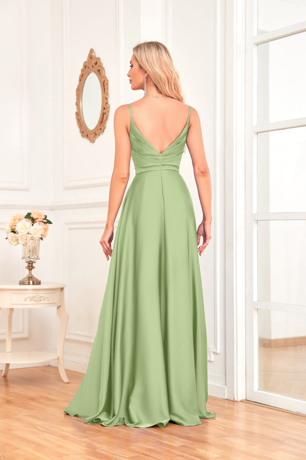 V Neck Spaghetti Straps Satin Prom Dress With Pleated Split