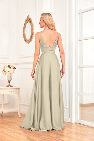 V Neck Spaghetti Straps Satin Prom Dress With Pleated Split