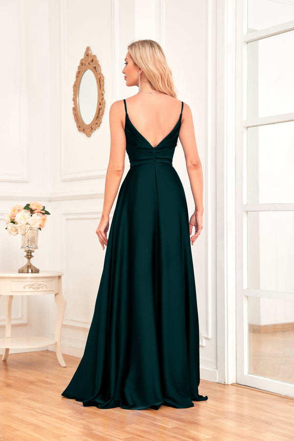 V Neck Spaghetti Straps Satin Prom Dress With Pleated Split