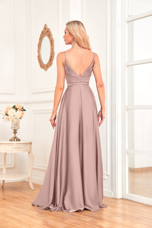 V Neck Spaghetti Straps Satin Prom Dress With Pleated Split