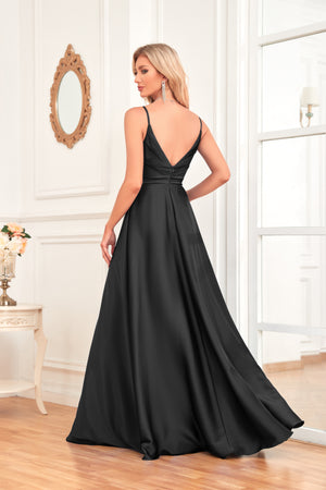 V Neck Spaghetti Straps Satin Prom Dress With Pleated Split
