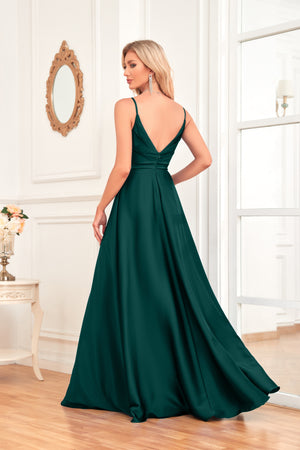 V Neck Spaghetti Straps Satin Prom Dress With Pleated Split