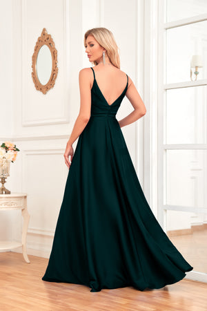 V Neck Spaghetti Straps Satin Prom Dress With Pleated Split