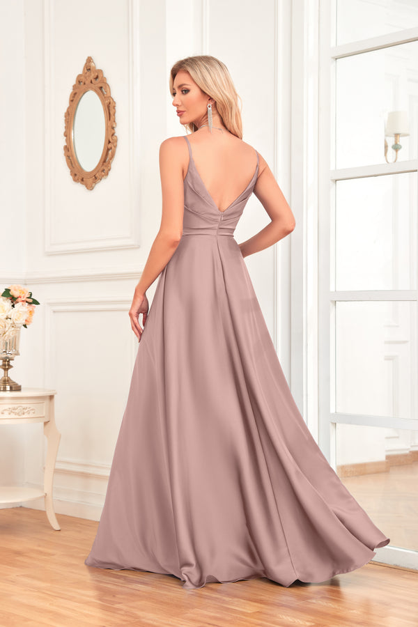 V Neck Spaghetti Straps Satin Prom Dress With Pleated Split