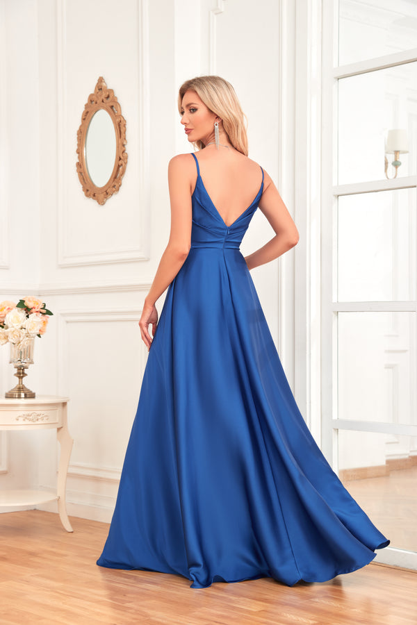 V Neck Spaghetti Straps Satin Prom Dress With Pleated Split