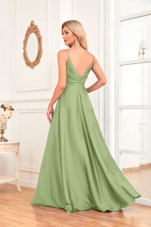 V Neck Spaghetti Straps Satin Prom Dress With Pleated Split