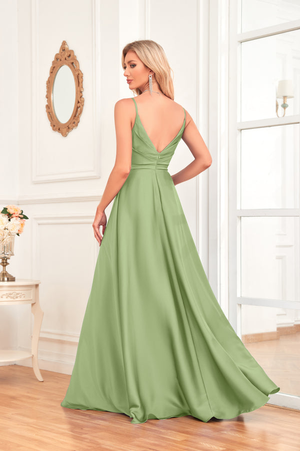 V Neck Spaghetti Straps Satin Prom Dress With Pleated Split