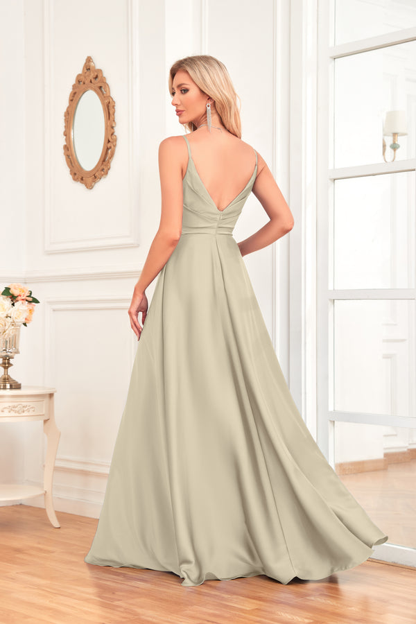 V Neck Spaghetti Straps Satin Prom Dress With Pleated Split