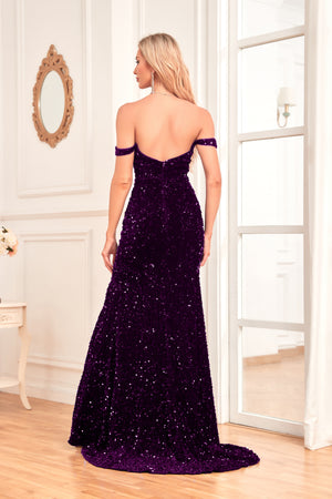Mermaid/Trumpet Sequin Sweep Train Off Shoulder V-Neck Prom Dress