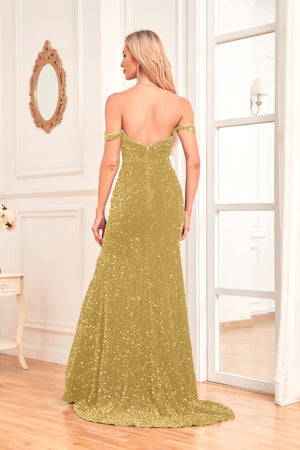Mermaid/Trumpet Sequin Sweep Train Off Shoulder V-Neck Prom Dress