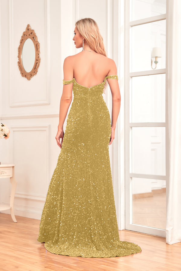 Mermaid/Trumpet Sequin Sweep Train Off Shoulder V-Neck Prom Dress