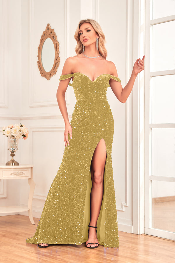 Mermaid/Trumpet Sequin Sweep Train Off Shoulder V-Neck Prom Dress
