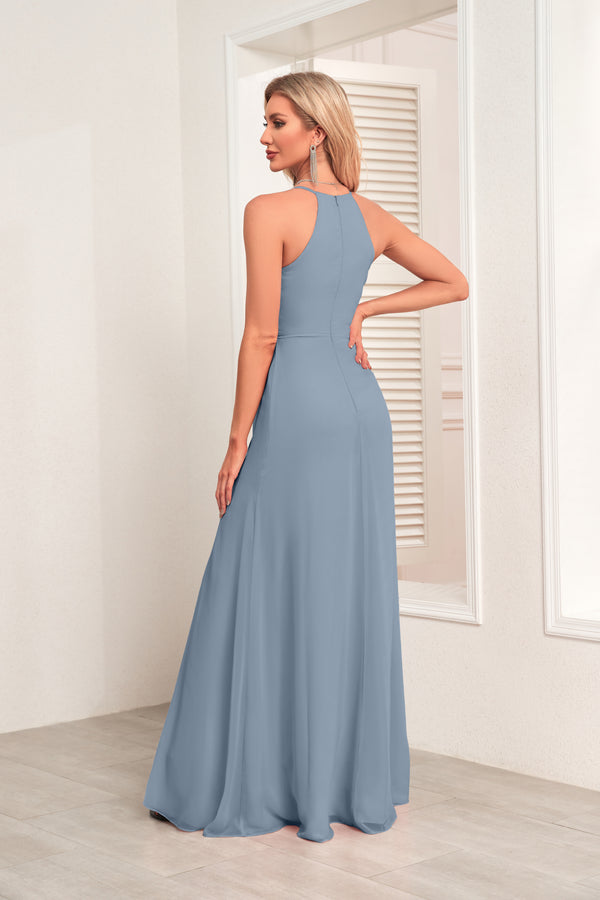 V Neck Spaghetti Straps Chiffon Bridesmaid Dress With Pleated Split