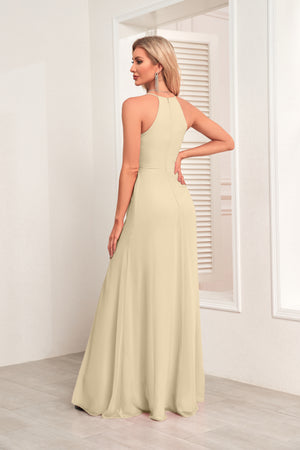 V Neck Spaghetti Straps Chiffon Bridesmaid Dress With Pleated Split