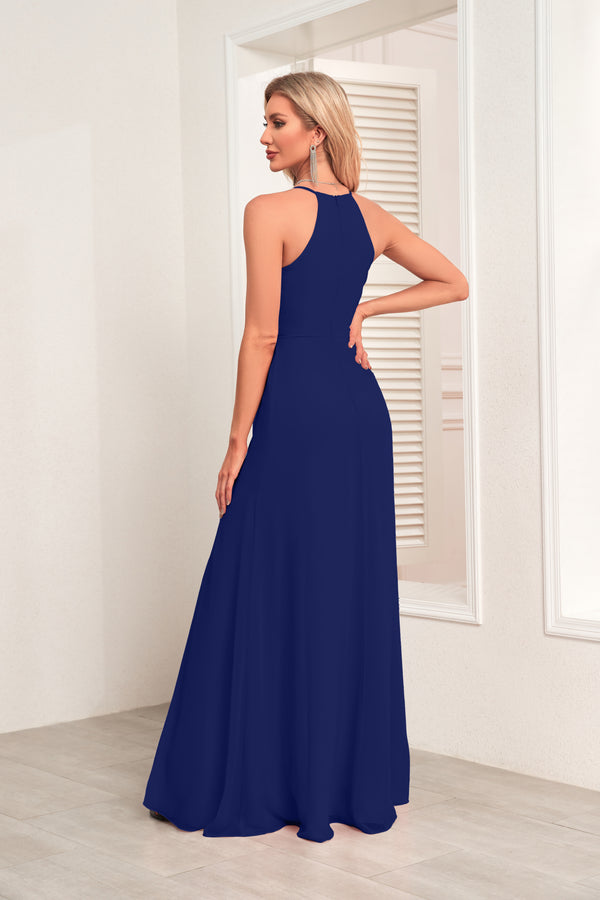 V Neck Spaghetti Straps Chiffon Bridesmaid Dress With Pleated Split