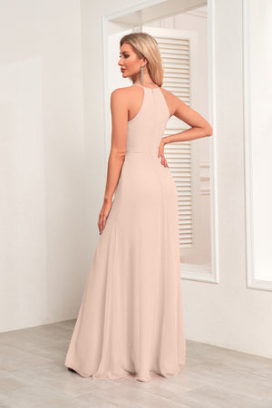 V Neck Spaghetti Straps Chiffon Bridesmaid Dress With Pleated Split