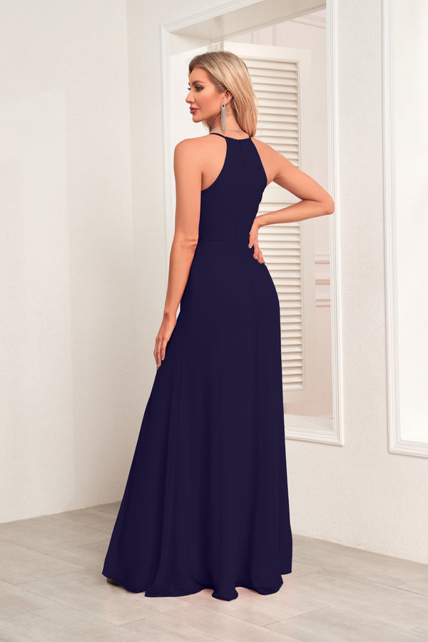 V Neck Spaghetti Straps Chiffon Bridesmaid Dress With Pleated Split