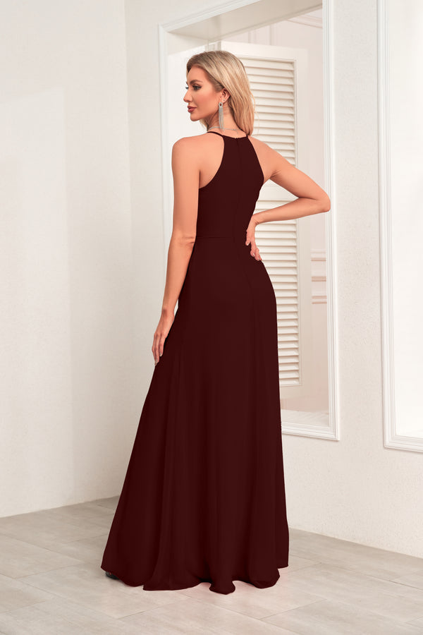 V Neck Spaghetti Straps Chiffon Bridesmaid Dress With Pleated Split
