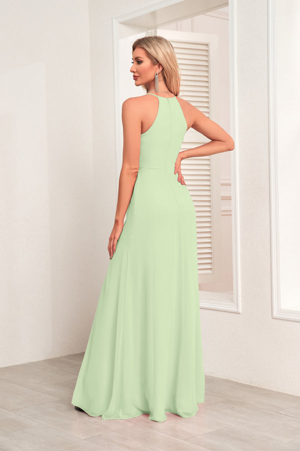V Neck Spaghetti Straps Chiffon Bridesmaid Dress With Pleated Split