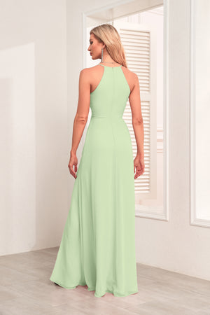 V Neck Spaghetti Straps Chiffon Bridesmaid Dress With Pleated Split